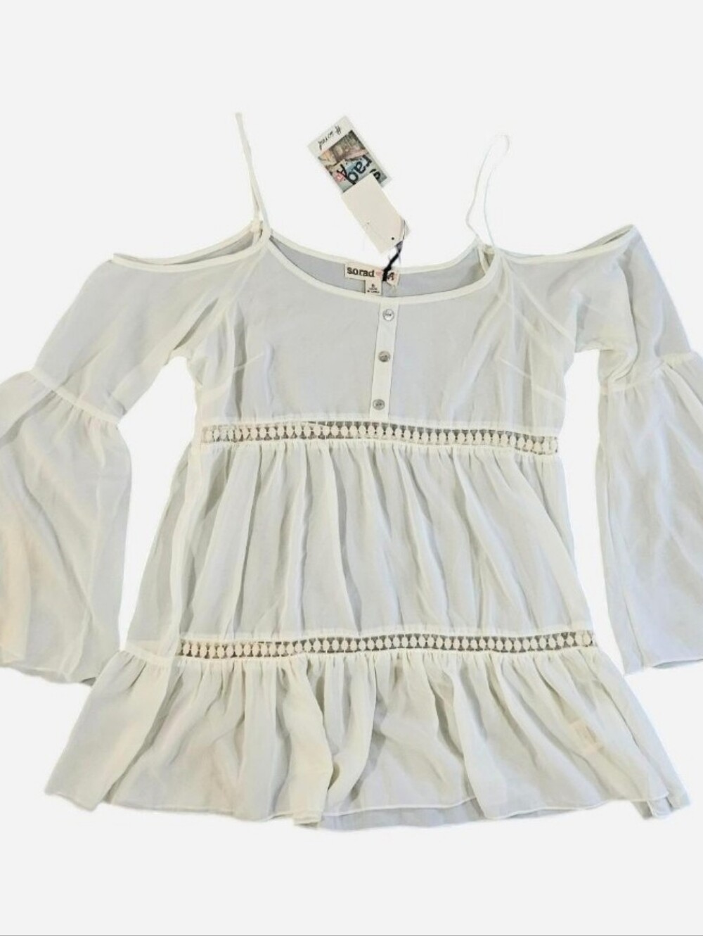 S.O. R.A.D. Sheer Open Shoulder Bell Sleeve Blouse Women's Size SMALL